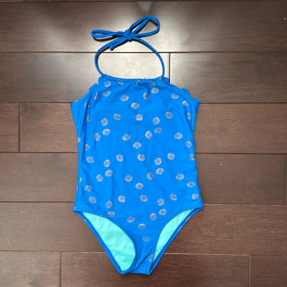 Little girls size 5/6 bathing suit. Barely worn. Blue with gold sea shells